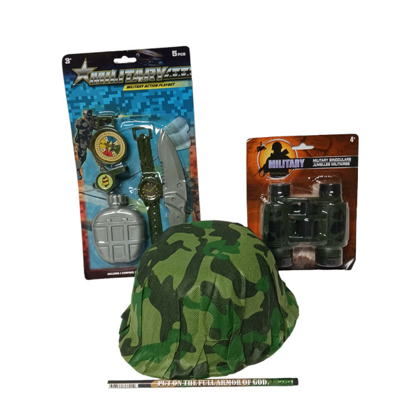 Halloween Kids Army Costume Toy Kit Helmet Canteen Compass Binoculars Survival - Picture 3 of 16